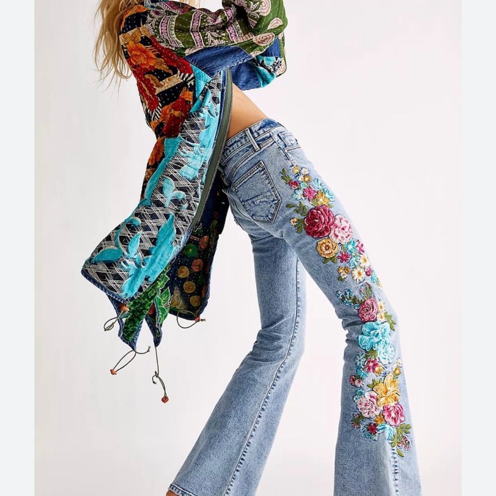 Free People Blue Floral Embroidered Flare Jeans